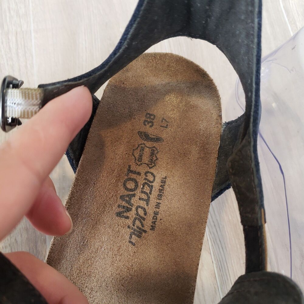 NAOT  Fiona Womens sz 7/ 38 Sandals Dark Blue low Wedge heel Adjustable Strap - Picture 3 of 8